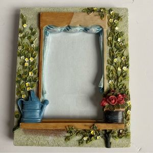 Garden Photo Frame 3.5” X 5” Opening Hand Painted Resin Flowers Watering Can EUC